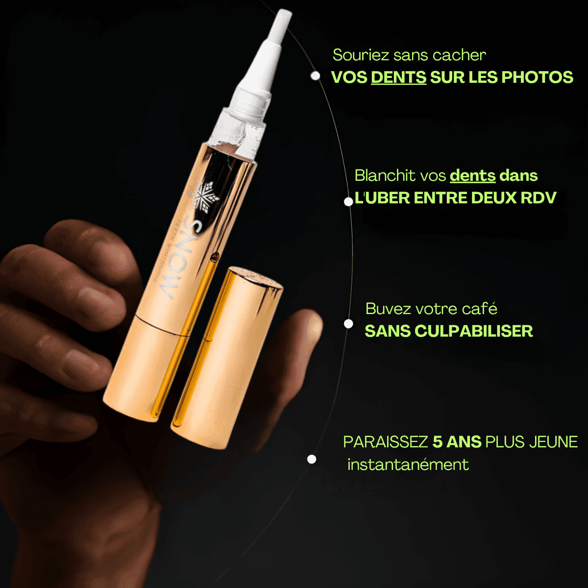 The Formula Bio Labs gold teeth whitening pen with brush applicator held against black background