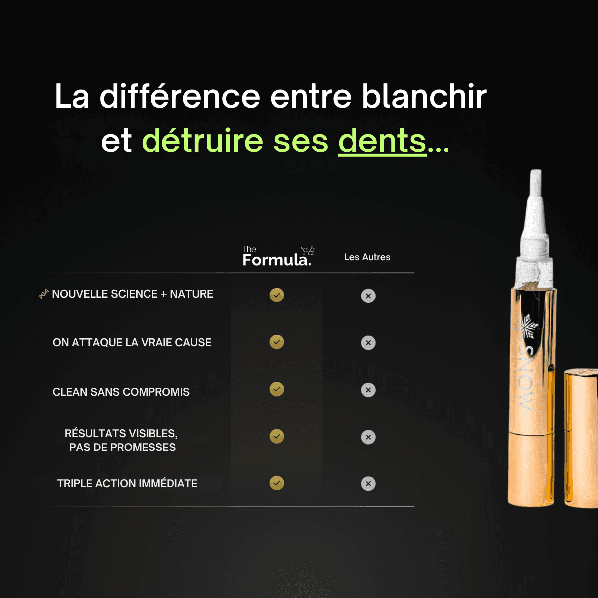 The Formula Bio Labs gold teeth whitening pen with French comparison chart showing benefits vs competitors