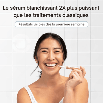 The Formula Bio Labs tooth whitening serum ad showing smiling woman applying serum near her teeth with applicator