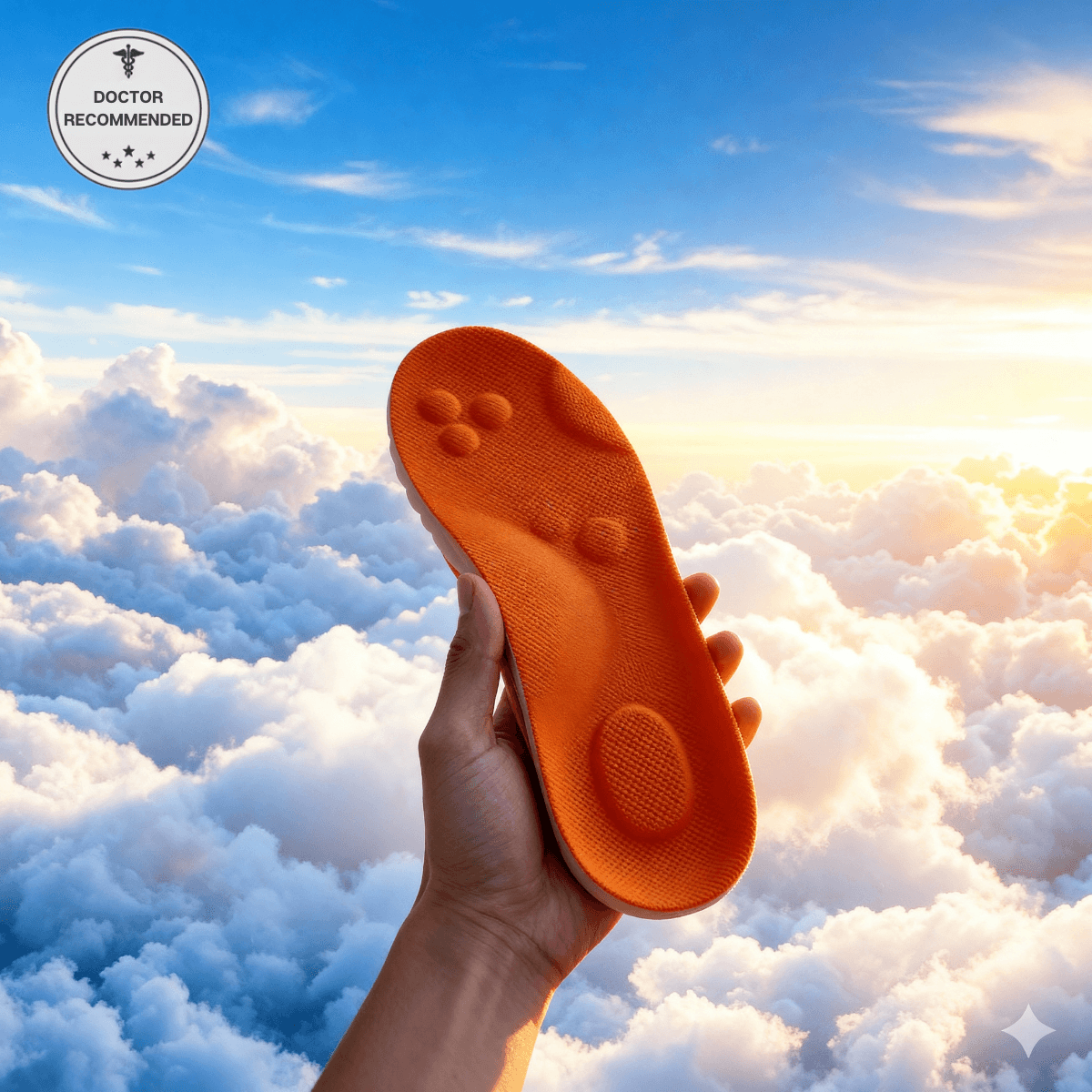 Hand holding orange orthopedic insoles for tired feet against a bright sky background