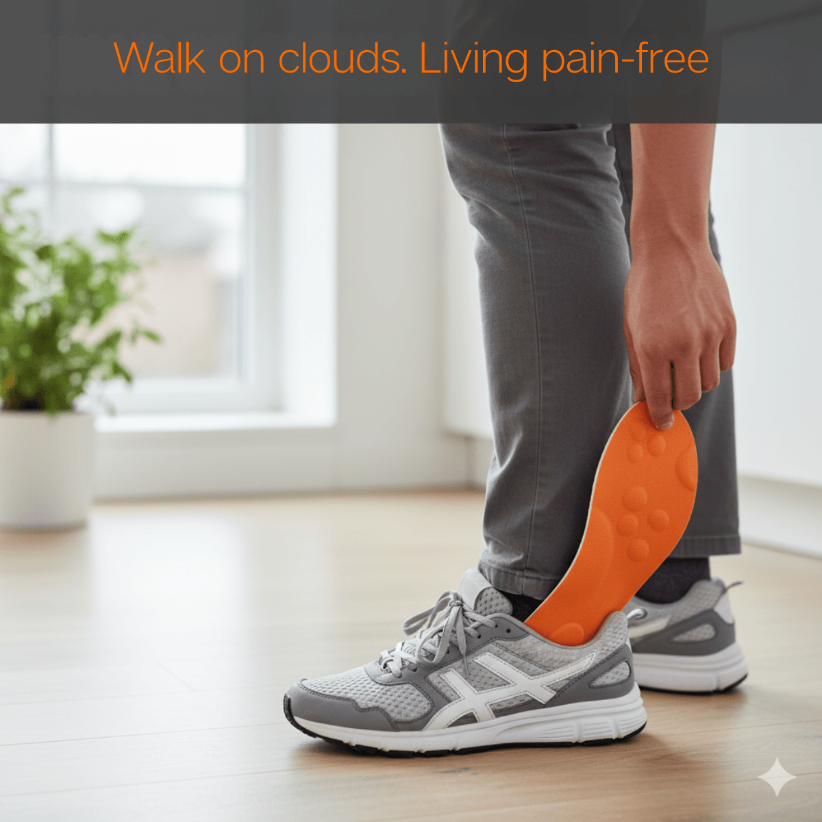 Comfortable orthopedic insoles for tired feet placed in a running shoe for support and relief