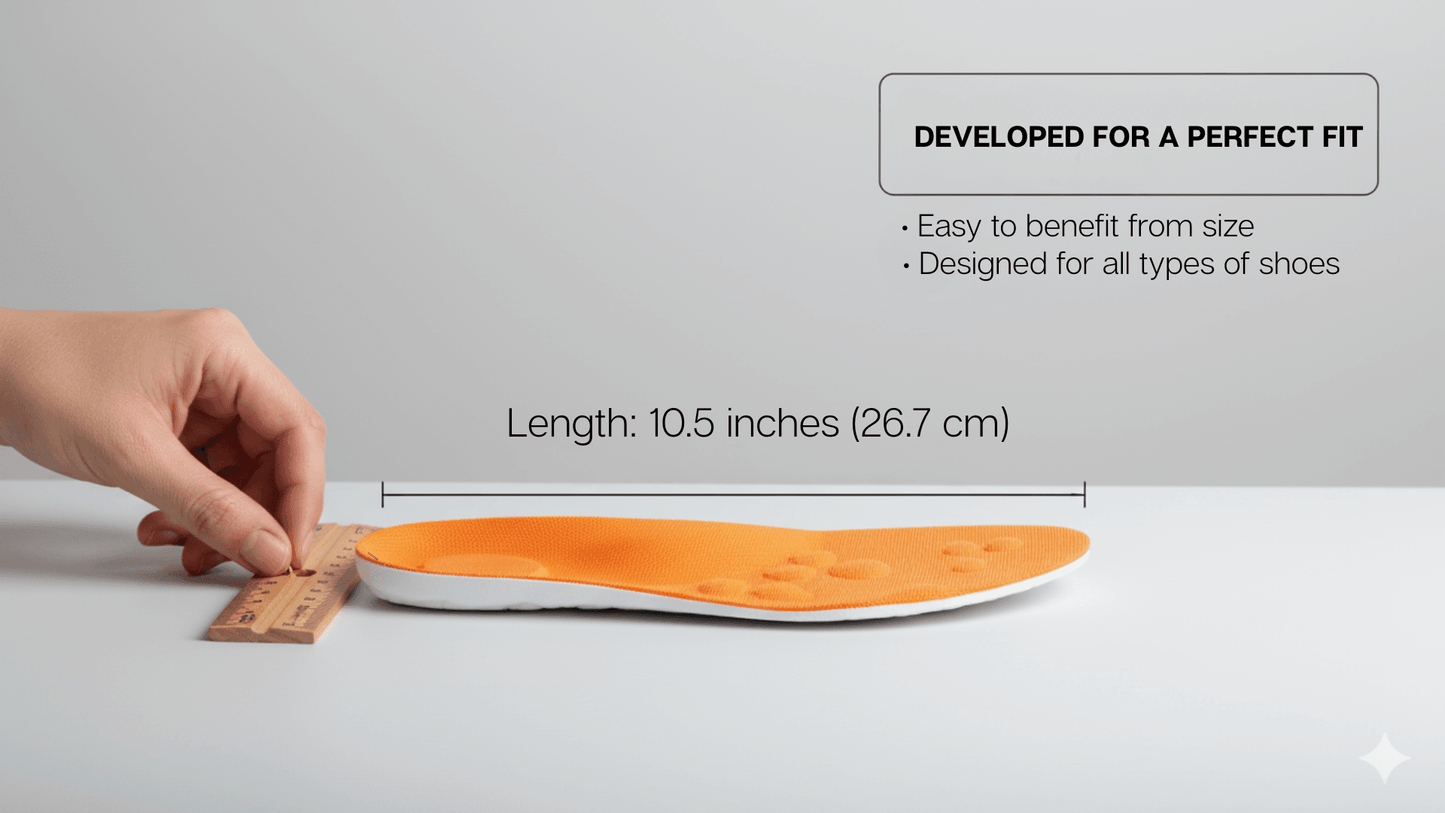 Orthopedic insoles for tired feet measuring 10.5 inches, designed for all types of shoes