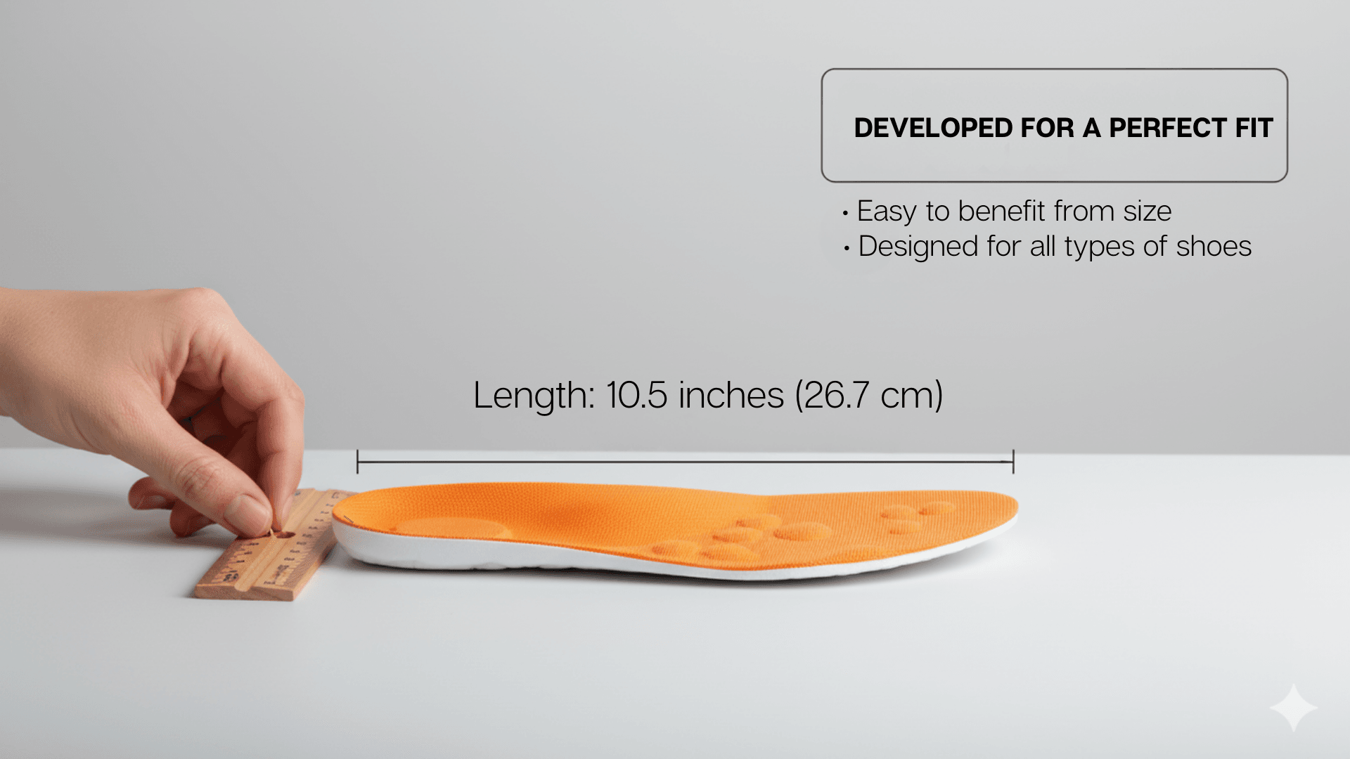 Orthopedic insoles for tired feet measuring 10.5 inches, designed for all types of shoes
