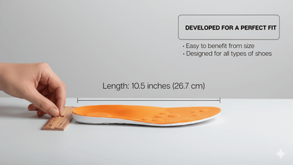 Orthopedic insoles for tired feet measuring 10.5 inches, designed for all types of shoes